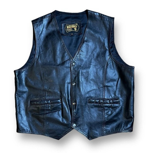 Bonus Black Leather Vest Mens Western Snap Button Size XL - Picture 3 of 9